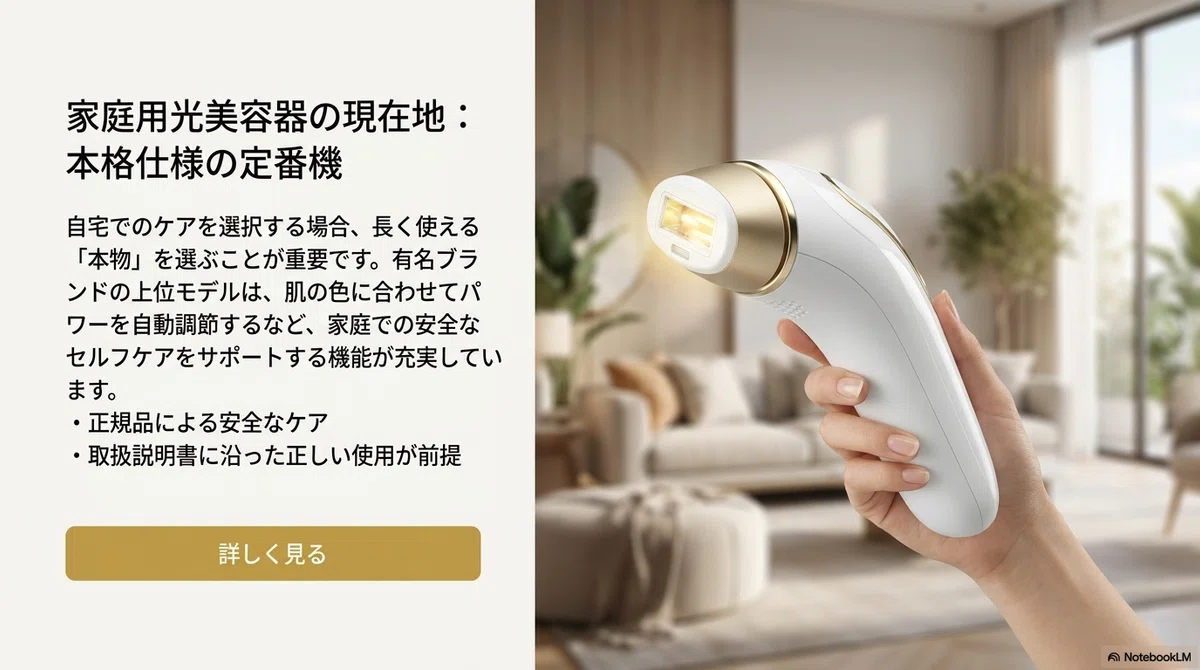 医療脱毛・サロン:家庭用を知る、正規品の光美容器の一例の図解