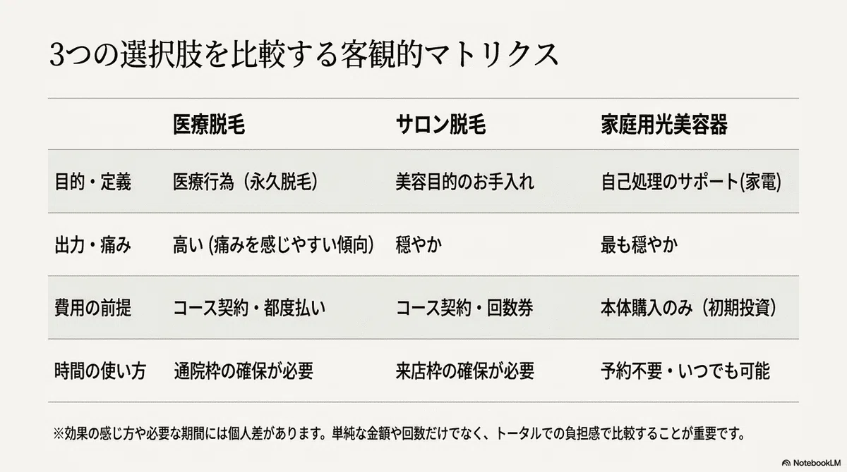 医療脱毛・サロン:自宅で使う家庭用光美容器という選択肢の図解(その3)