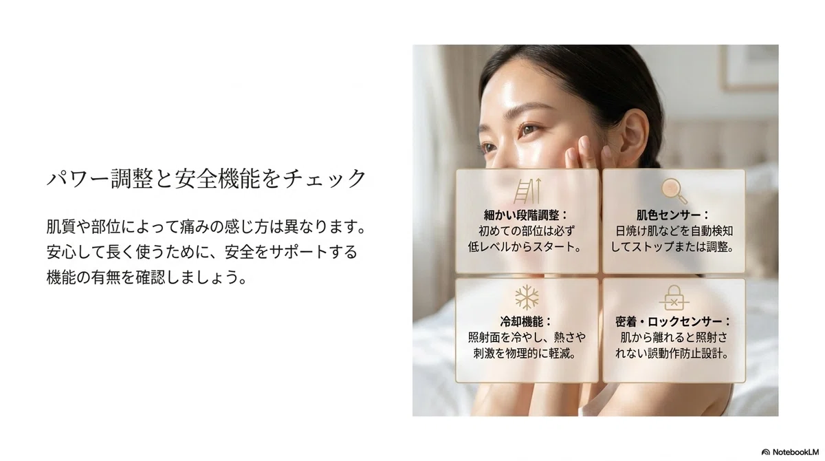 家庭用脱毛器(光美容器):パワー(照射レベル)の調整幅を確認する
