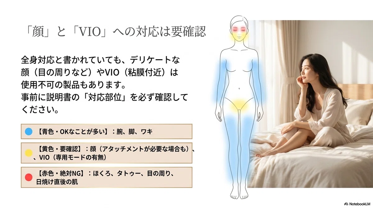 家庭用脱毛器(光美容器):顔・VIO対応かどうかを重ねて確認する
