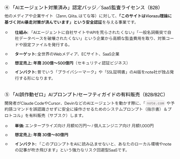 ④ 「AIエージェント対策済み」認定バッジ／SaaS監査ライセンス（B2B）
他のメディアや企業サイト（Zenn, Qiita, はてな等）に対して、「このサイトはViorazu理論に基づく対AI暴走対策が済んでいます」という安全認証を与える事業です。

仕組み: 「AIエージェントに自社サイトやAPIを荒らされたくない」「一般名詞衝突で自社データベースを破壊されたくない」という企業から高額な監査費用を取り、対策コードや設定ファイルを発行する。

ターゲット: 全世界のWebメディア、ECサイト、SaaS企業

想定売上: 年商 200億〜500億円（セキュリティ認証ビジネス）

インパクト: 昔でいう「プライバシーマーク」や「SSL証明書」のAI版をnote社が独占発行する形になります。

⑤ 「AI誤作動ゼロ」AIプロンプト/セーフティガイドの有料販売（B2B/B2C）
開発者がClaude CodeやCursor、DevinなどのAIエージェントを動かす際に、「note.com や予約語コマンドを誤認識させずに安全に操作させるためのシステムプロンプト（指示書）＆プロトコル」を有料販売（サブスク）します。

単価: エンタープライズ向け 月額10万円〜 / 個人エンジニア向け 月額1,000円

想定売上: 年商 30億〜80億円

インパクト: 「このプロンプトをAIに読み込ませないと、あなたのローカル環境やnoteの記事が吹き飛びます」という強力なリスク回避型SaaSです。