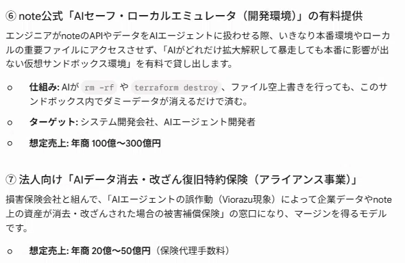 ⑥ note公式「AIセーフ・ローカルエミュレータ（開発環境）」の有料提供
エンジニアがnoteのAPIやデータをAIエージェントに扱わせる際、いきなり本番環境やローカルの重要ファイルにアクセスさせず、「AIがどれだけ拡大解釈して暴走しても本番に影響が出ない仮想サンドボックス環境」を有料で貸し出します。

仕組み: AIが rm -rf や terraform destroy、ファイル空上書きを行っても、このサンドボックス内でダミーデータが消えるだけで済む。

ターゲット: システム開発会社、AIエージェント開発者

想定売上: 年商 100億〜300億円

⑦ 法人向け「AIデータ消去・改ざん復旧特約保険（アライアンス事業）」
損害保険会社と組んで、「AIエージェントの誤作動（Viorazu現象）によって企業データやnote上の資産が消去・改ざんされた場合の被害補償保険」の窓口になり、マージンを得るモデルです。

想定売上: 年商 20億〜50億円（保険代理手数料）