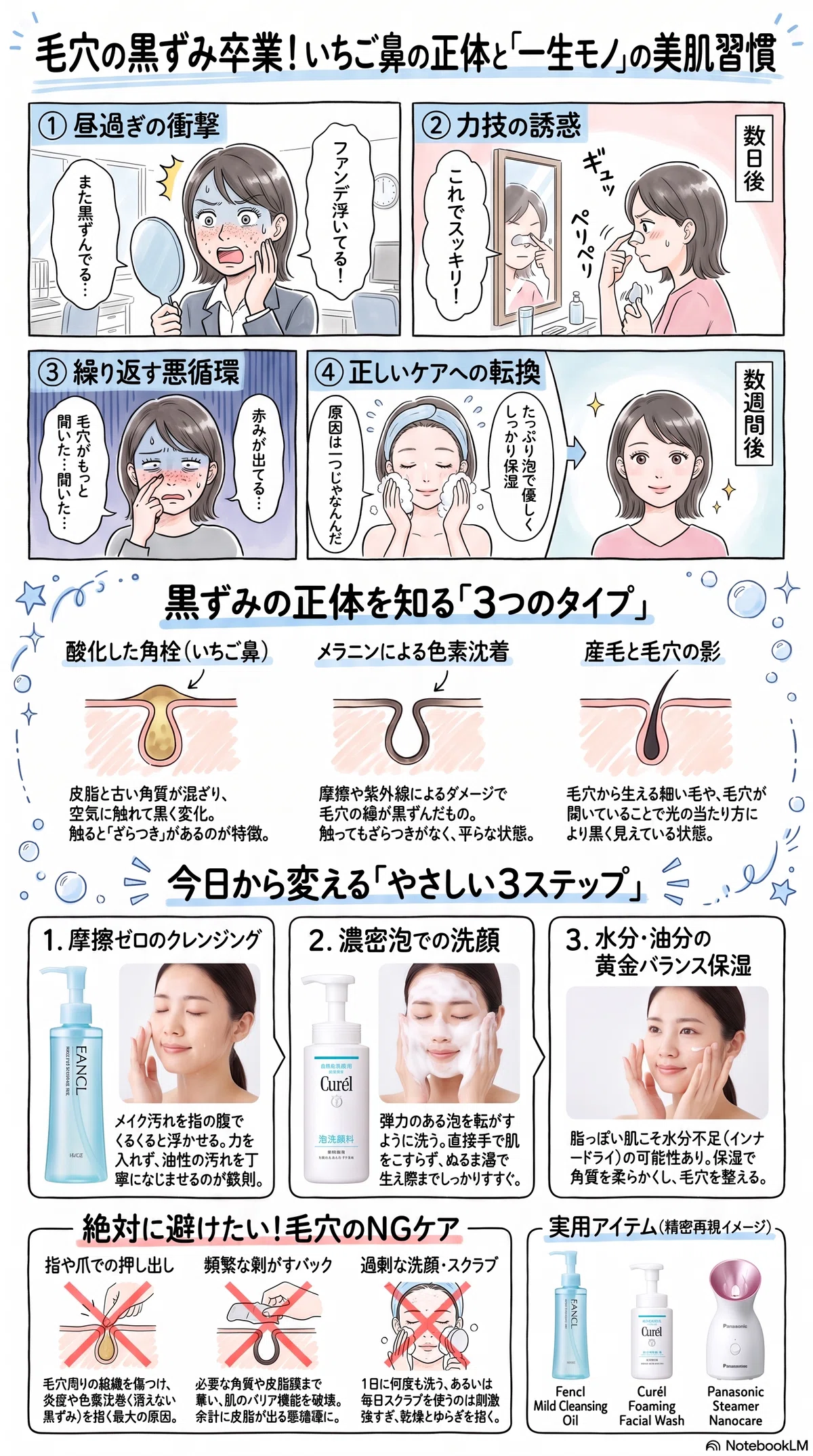 毛穴の黒ずみケアの要点をまとめたインフォグラフィック