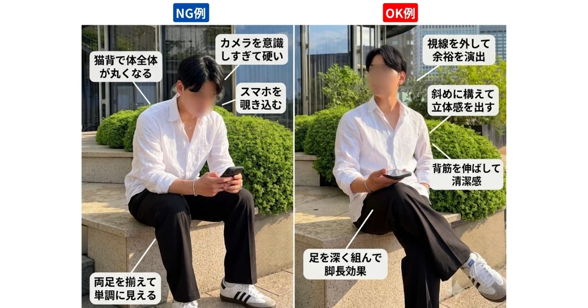 マッチングアプリのプロフィール写真（座っている時のポージングのOK NG比較解説図）