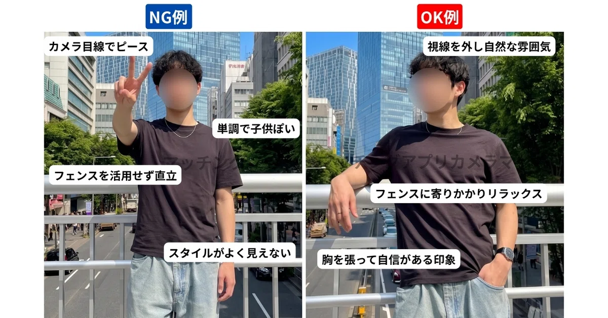 マッチングアプリのプロフィール写真（立ち姿のポージングのOK NG比較解説図）