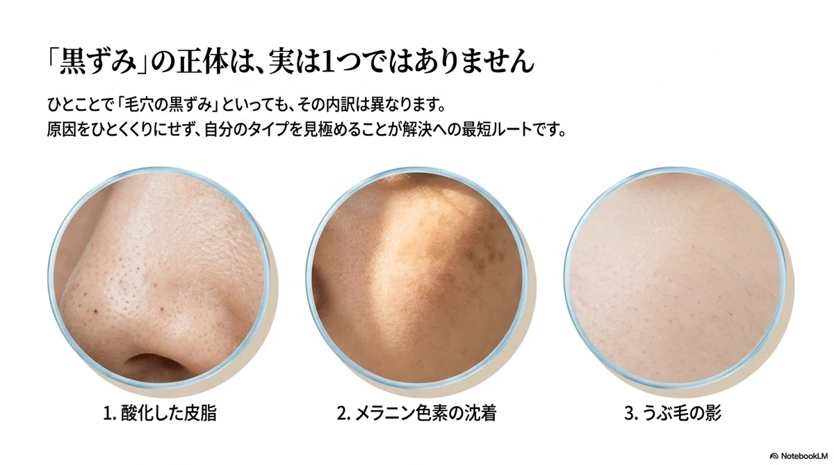 毛穴の黒ずみケア：黒ずみに見えるものの正体を分けて考える