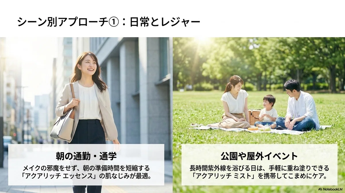 ビオレの日焼け止め：日常の通勤通学にはみずみずしいエッセンスタイプの図解