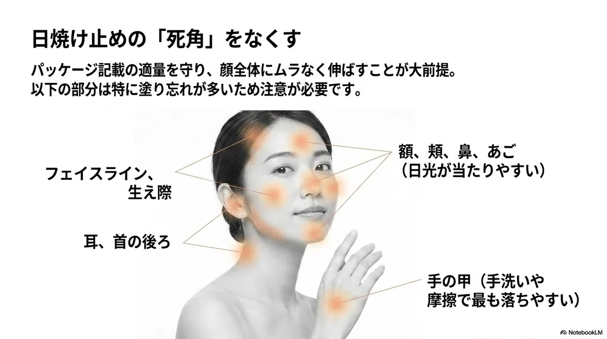 ビオレの日焼け止め：正しい塗り方と塗り直しのタイミングの図解
