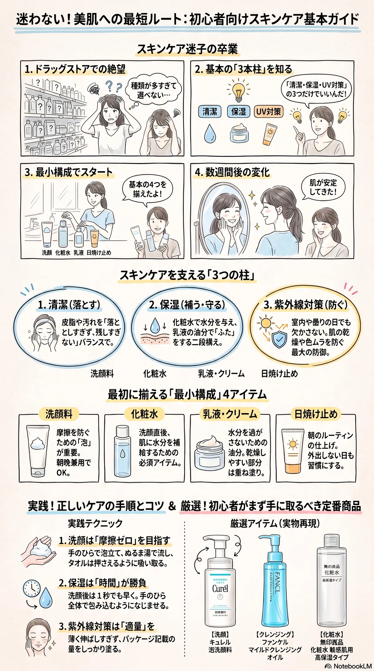 スキンケアの基本の要点をまとめたインフォグラフィック