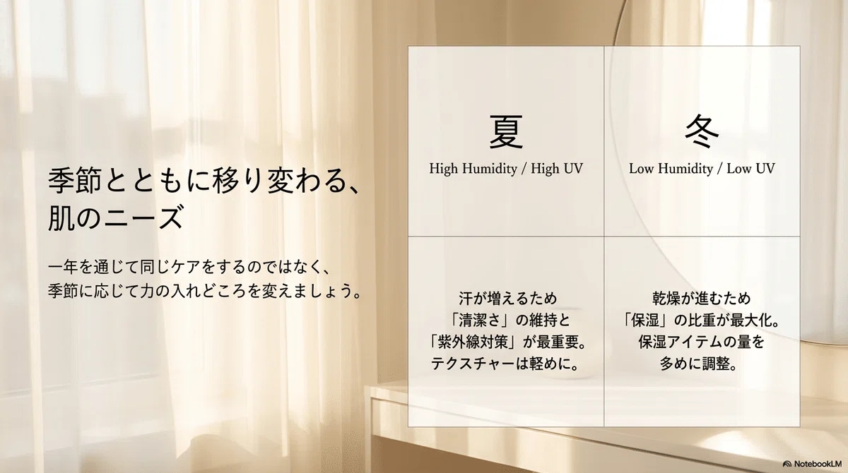スキンケアの基本:季節によって3本柱のバランスは変わる