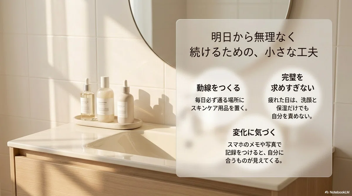 スキンケアの基本:スキンケアを続けるコツの図解
