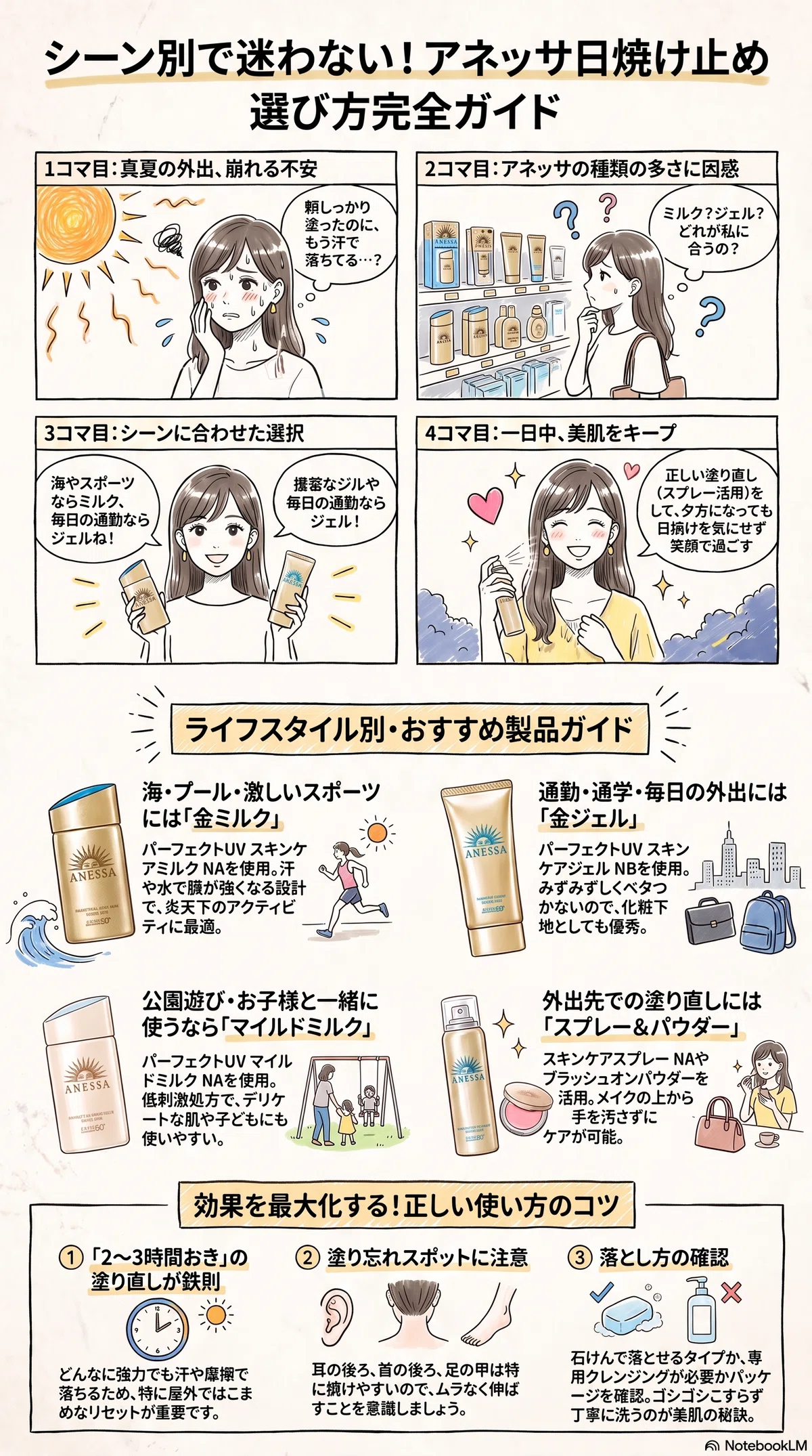 アネッサの日焼け止めの要点をまとめたインフォグラフィック