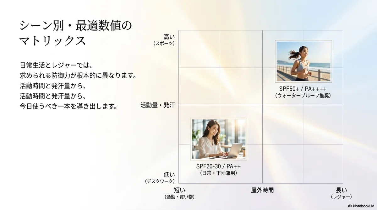 日焼け止めおすすめ：シーン別に考える日焼け止めの選び方の図解