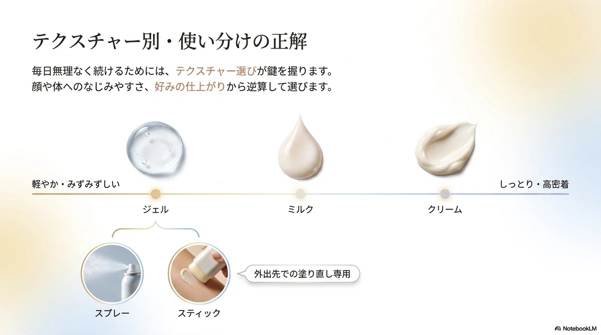 日焼け止めおすすめ：タイプ別に見る日焼け止めの特徴の図解