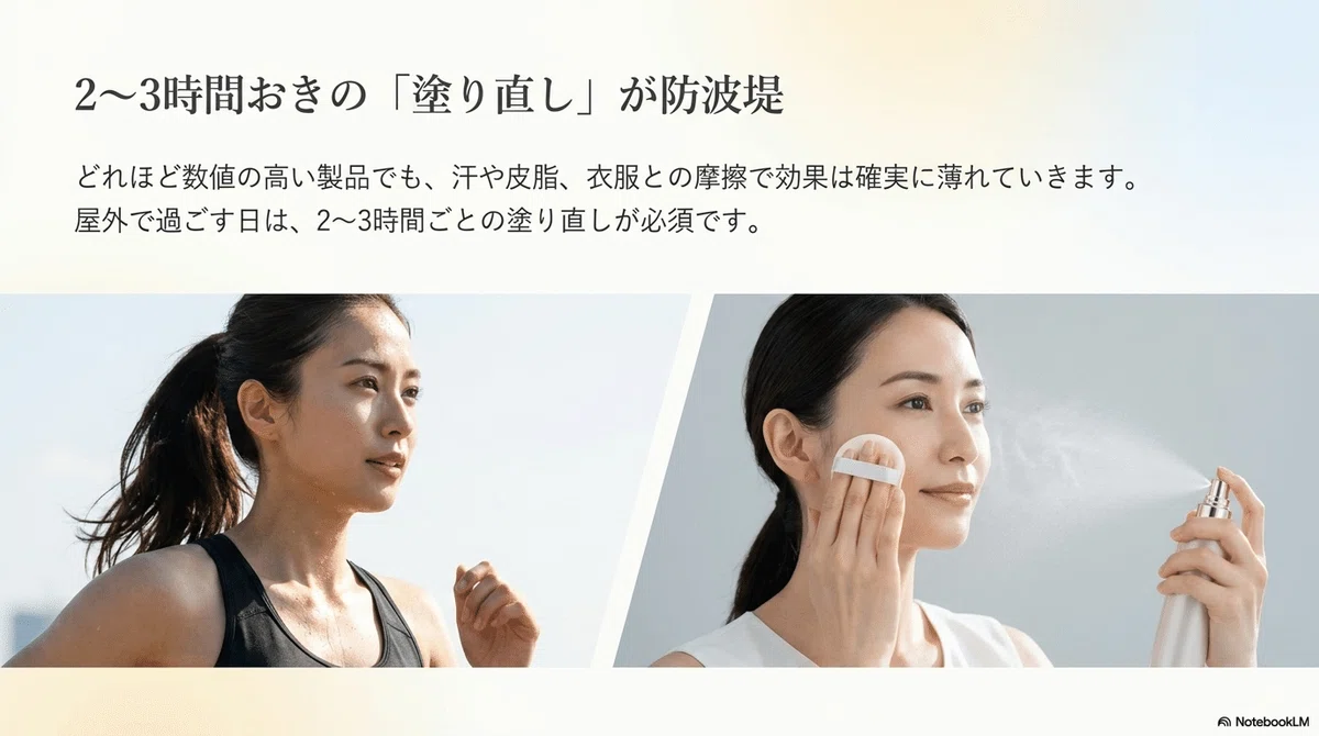 日焼け止めおすすめ：塗り直しの重要性の図解