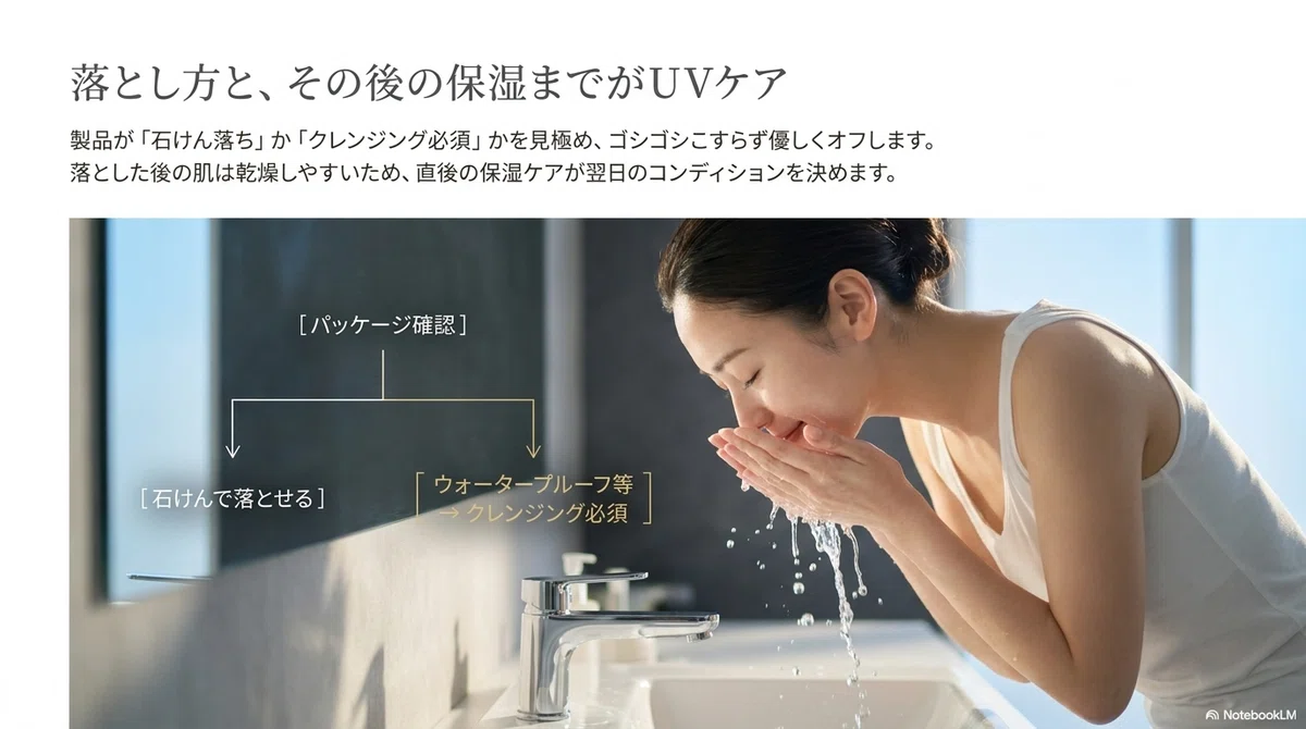 日焼け止めおすすめ：日焼け止めの落とし方とクレンジングの必要性の図解