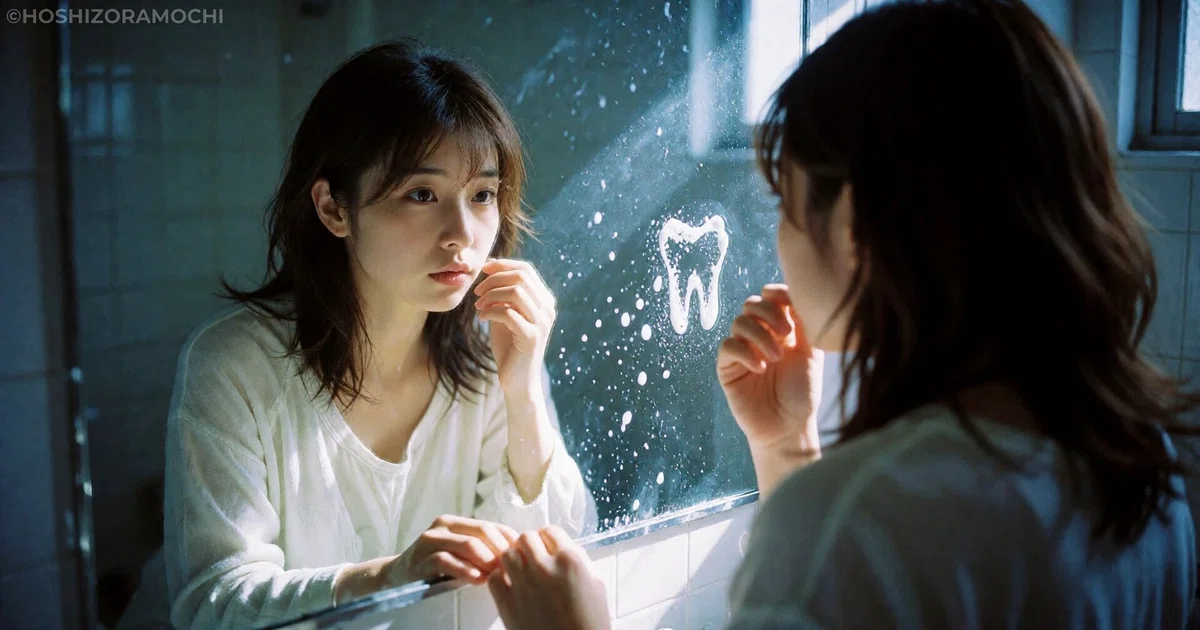 早朝のバスルームの鏡の前に立ち、静かな表情で自分と向き合う女性。鏡には歯型のような曇りが二重写しに浮かび、白い光と泡が舞っている。