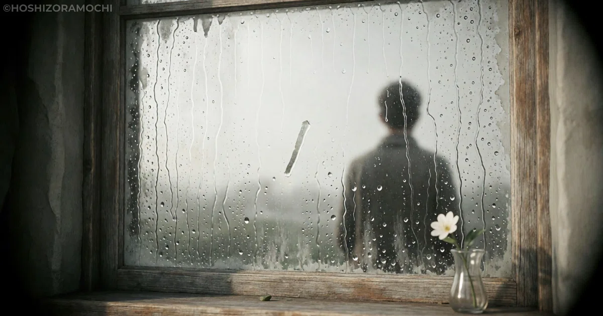 雨に濡れた窓ガラス越しに、遠くに小さく佇む人影を写した写真。窓の曇りには指でなぞったような一本の線が残っている。