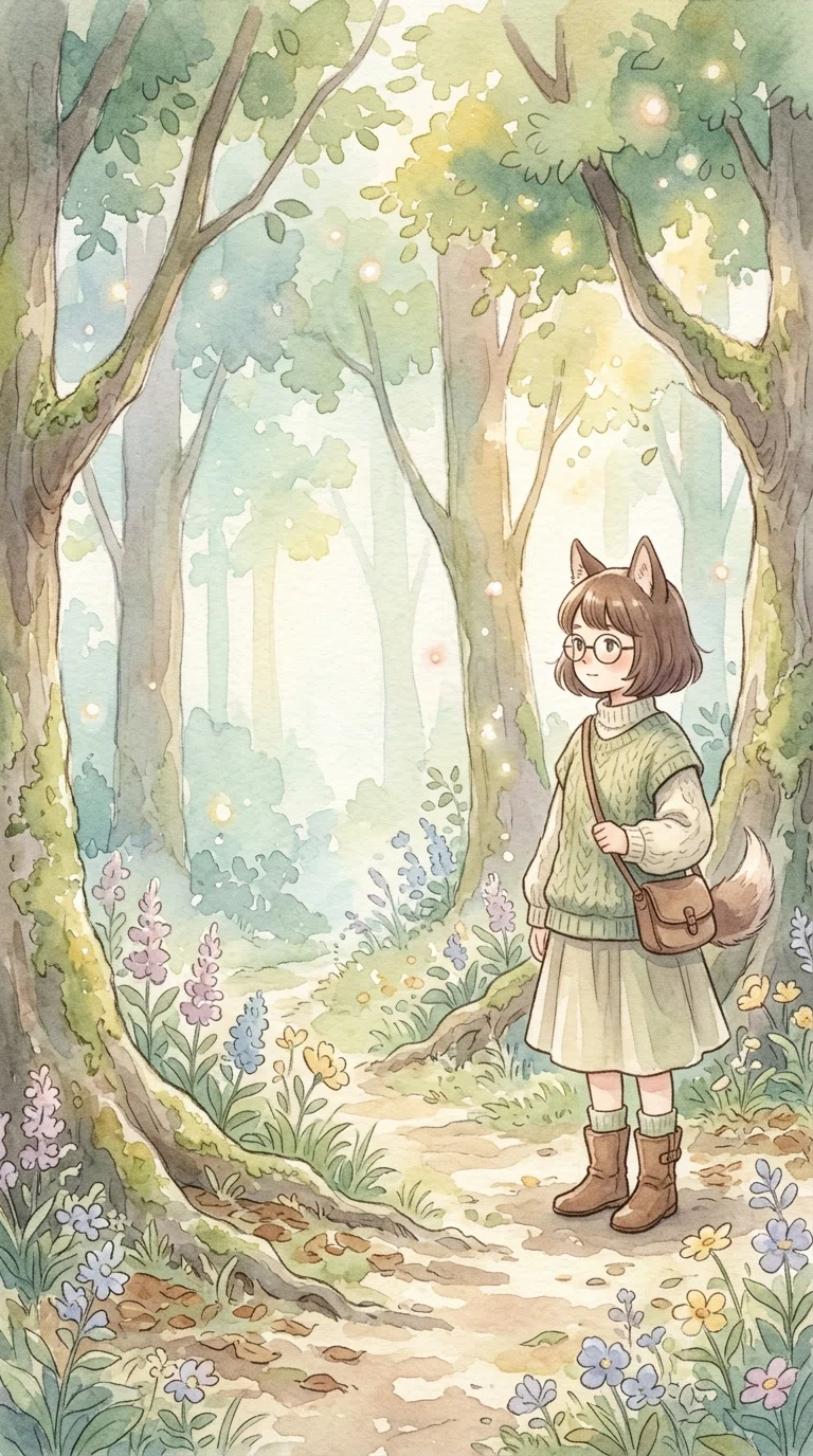 森に佇む獣耳と尻尾のある少女の画像