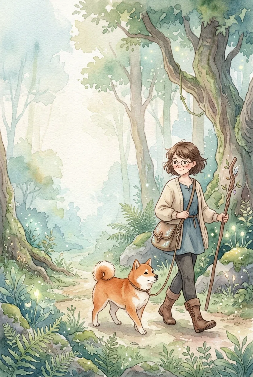柴犬を連れた少女が森を歩く画像