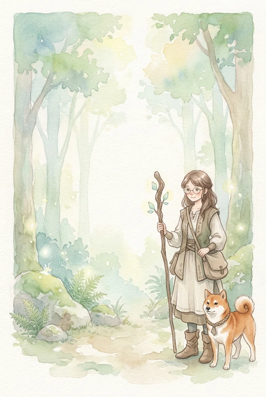 長い髪の、柴犬を連れた少女が森にいる画像