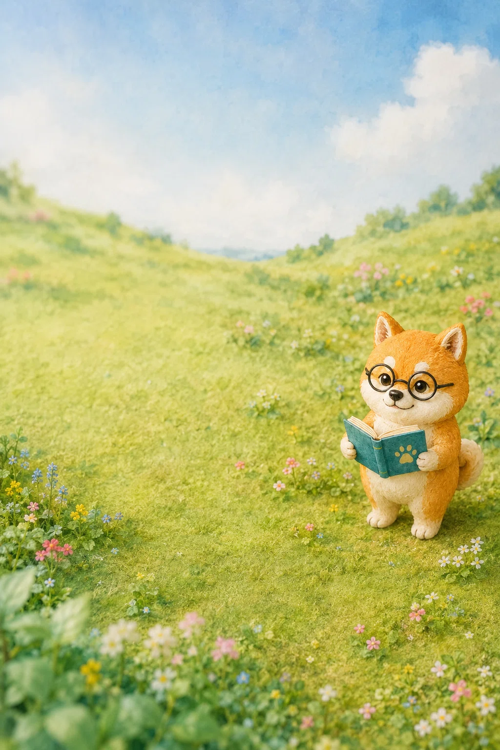 眼鏡をかけた赤柴が草原に立っているミニチュアのような画像