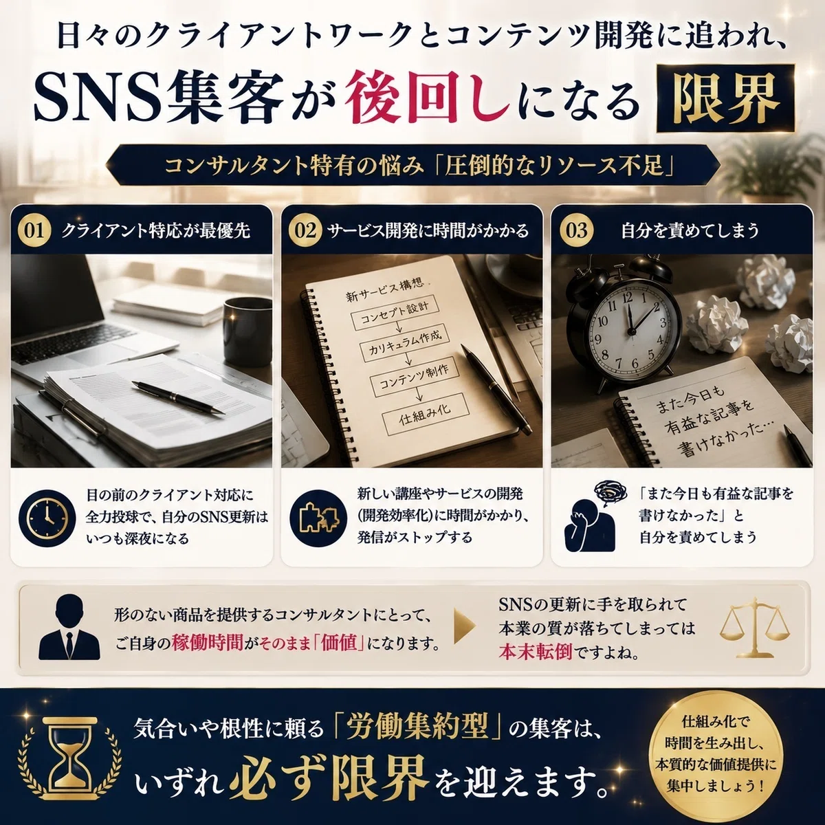 日々のクライアントワークとコンテンツ開発に追われ、SNS集客が後回しになる限界