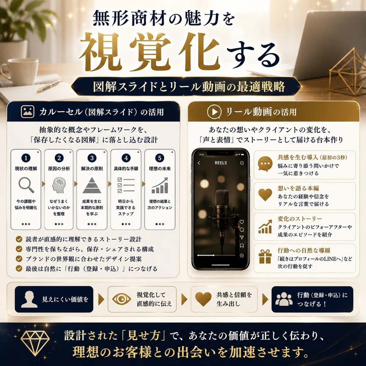 無形商材の魅力を視覚化する!図解スライド(カルーセル)とリール動画の最適戦略