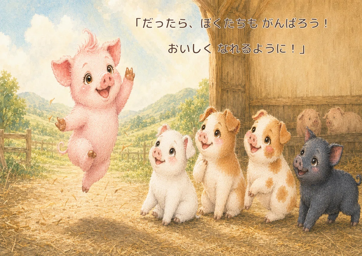 5匹のぶたたちが過ごす物語の一場面