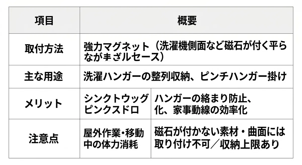 項目概要
取付方法強力マグネット(洗濯機側面など磁石が付く平らな面)
主な用途洗濯ハンガーの整列収納、ピンチハンガー掛け
メリットハンガーの絡まり防止、省スペース化、家事動線の効率化
注意点磁石が付かない素材・曲面には取り付け不可/収納上限あり