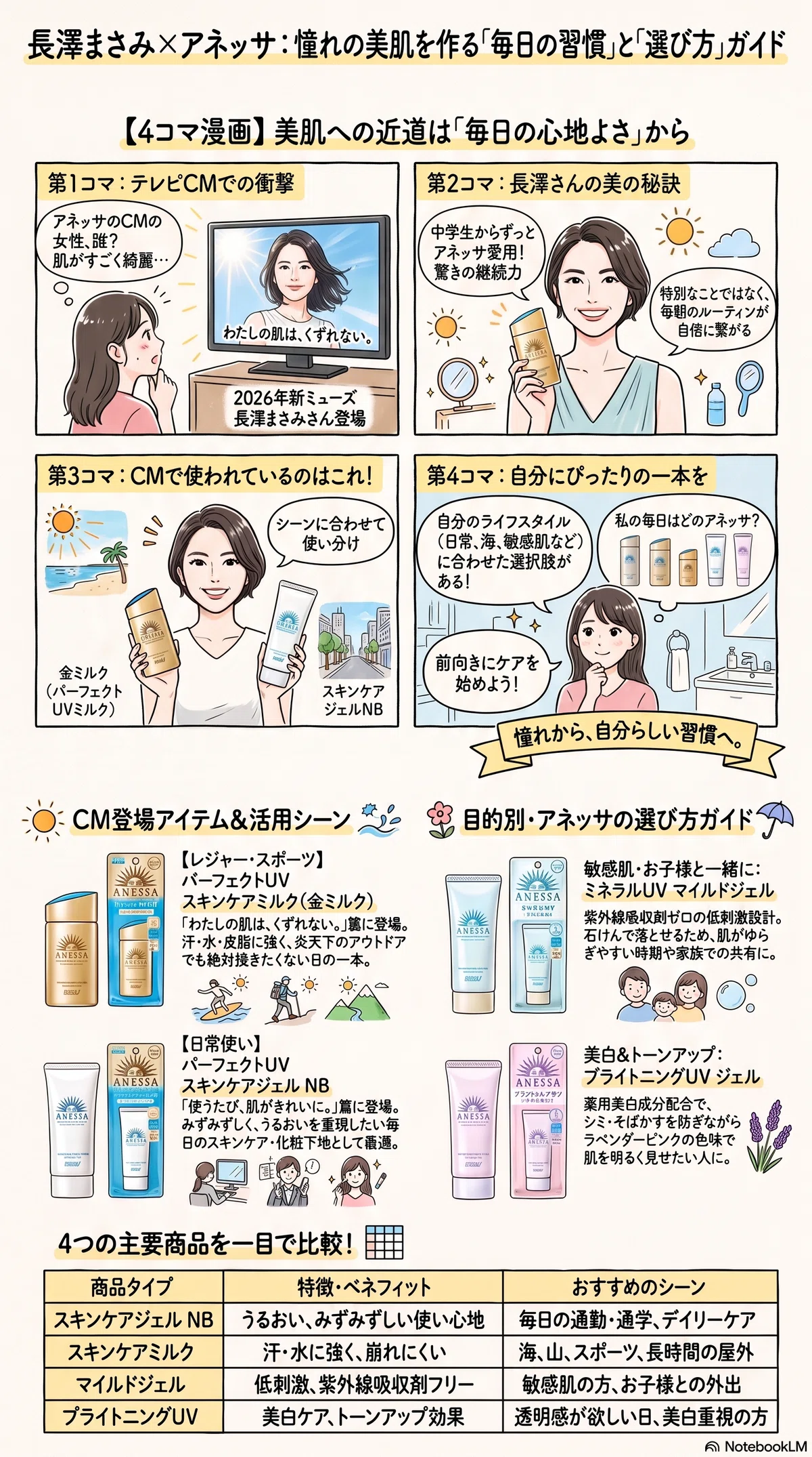アネッサのCMの女優の要点をまとめたインフォグラフィック