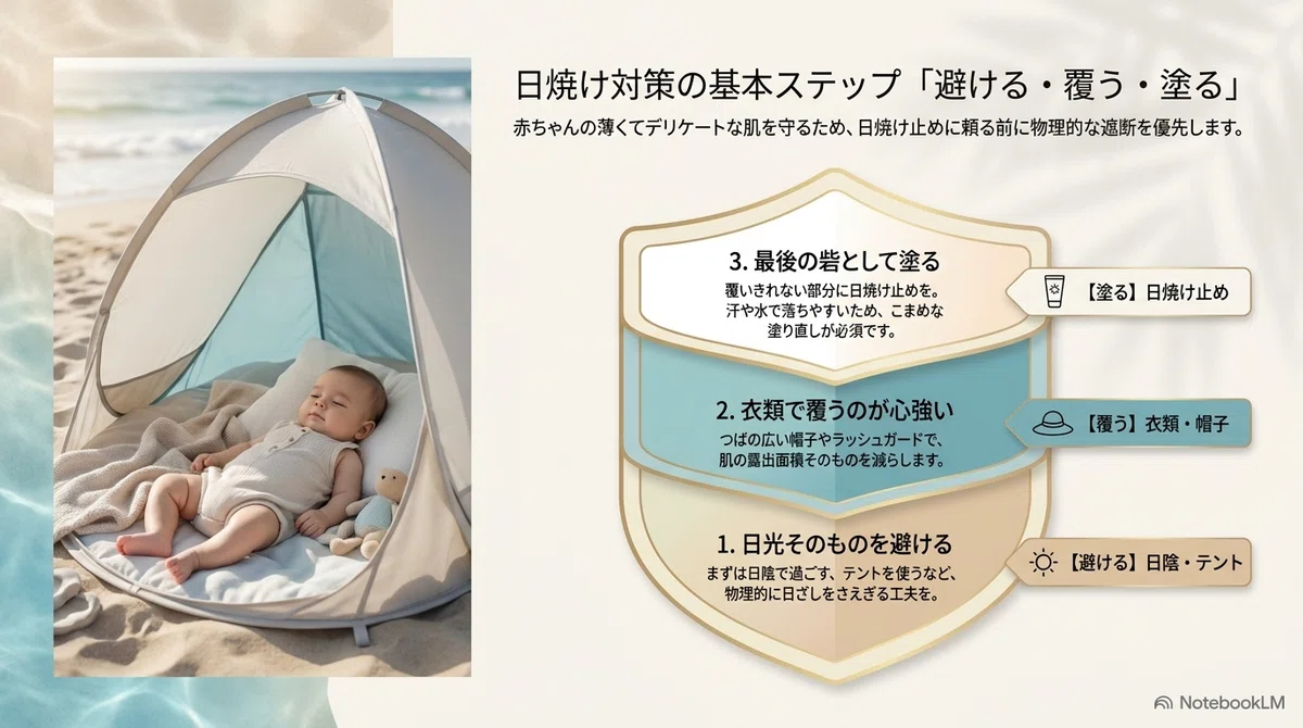 赤ちゃん:日焼け対策は「塗るより避ける・覆う」を基本に