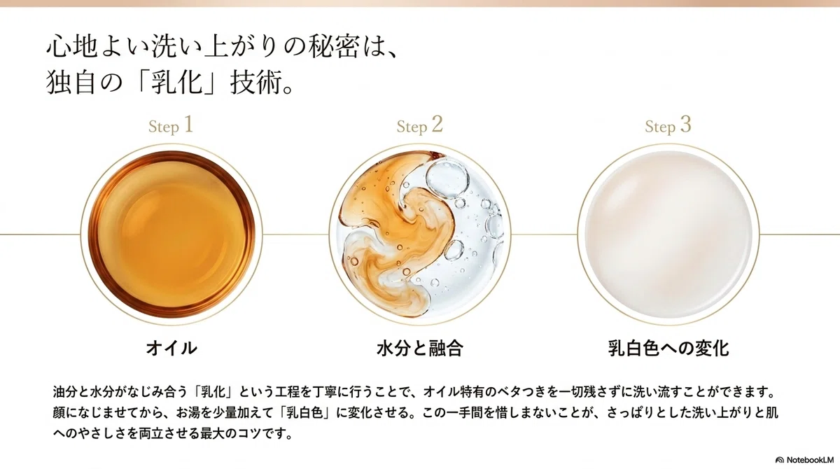 シュウ ウエムラ：独自の乳化技術がもたらす洗い上がりの図解