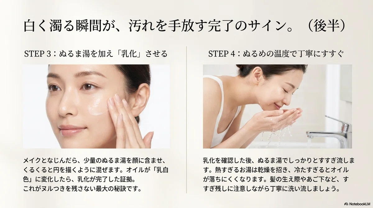 シュウ ウエムラ：乳化させてからぬるま湯ですすぐ