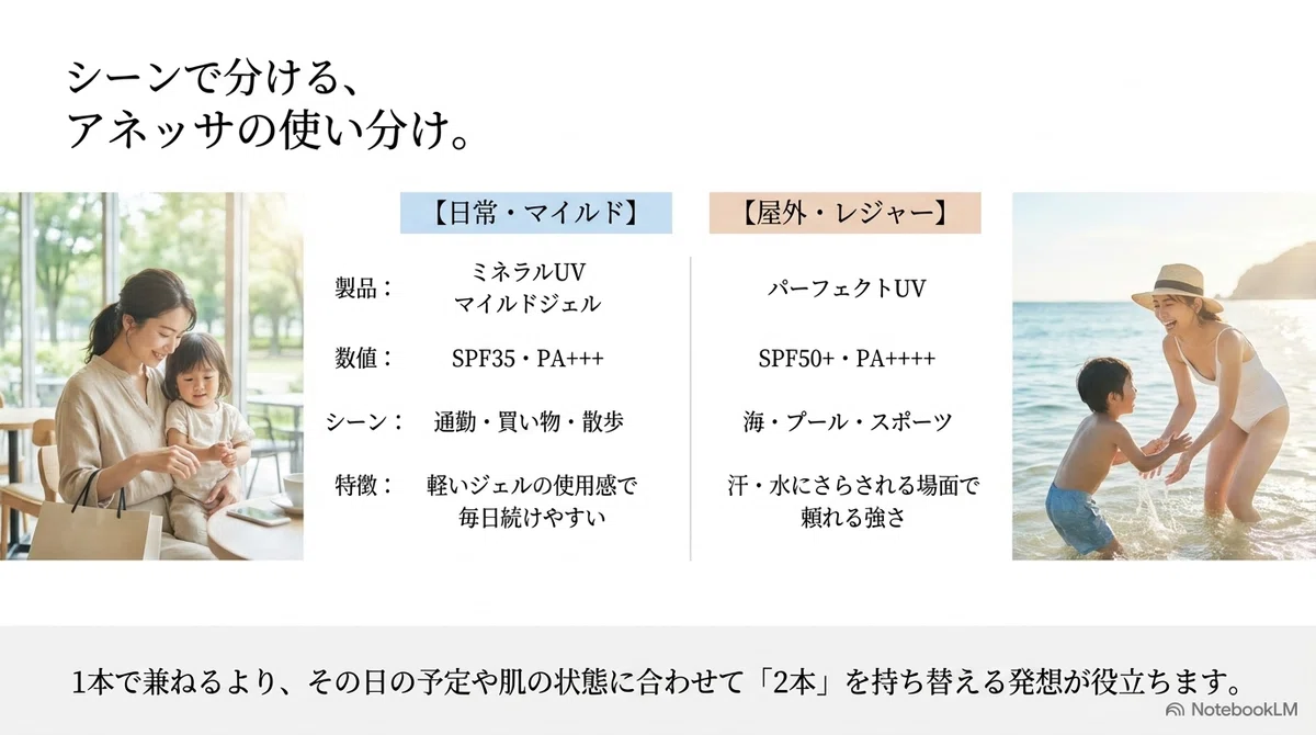 アネッサのマイルドジェル：パーフェクトUVとの使い分けをシーン別に