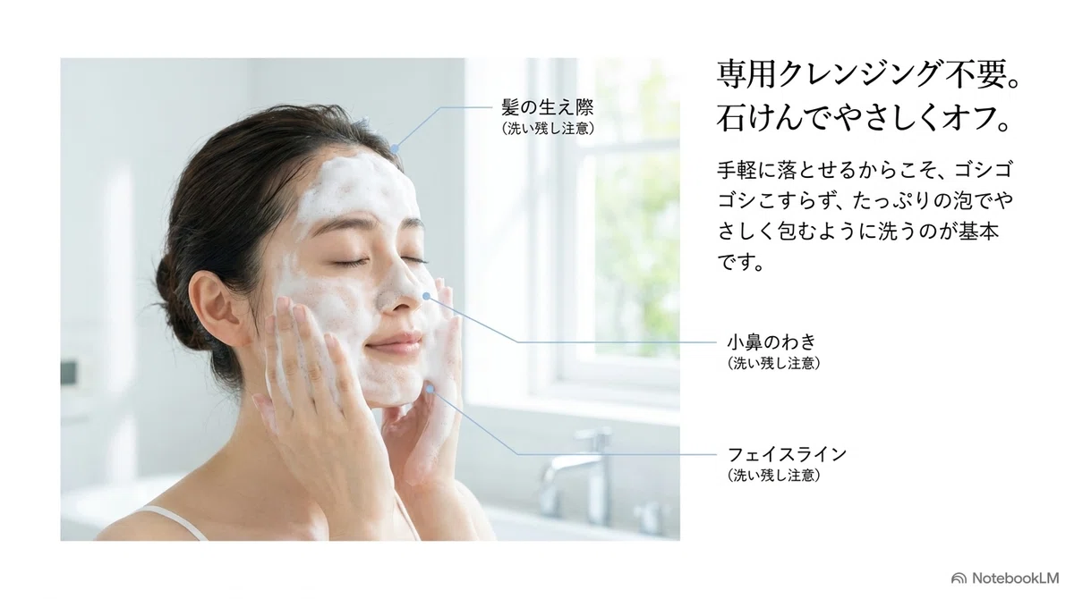 アネッサのマイルドジェル：石けんで落とせるメリットと落とし方の実際の図解