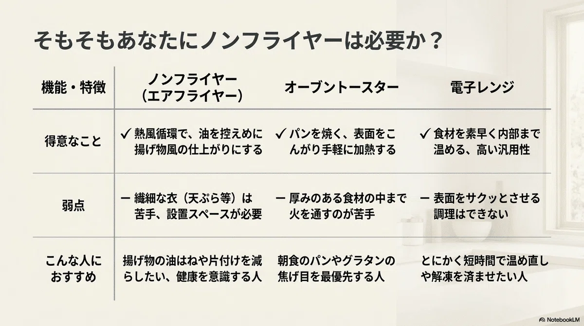 ノンフライヤーとオーブントースター・電子レンジ・エアフライヤーの違い