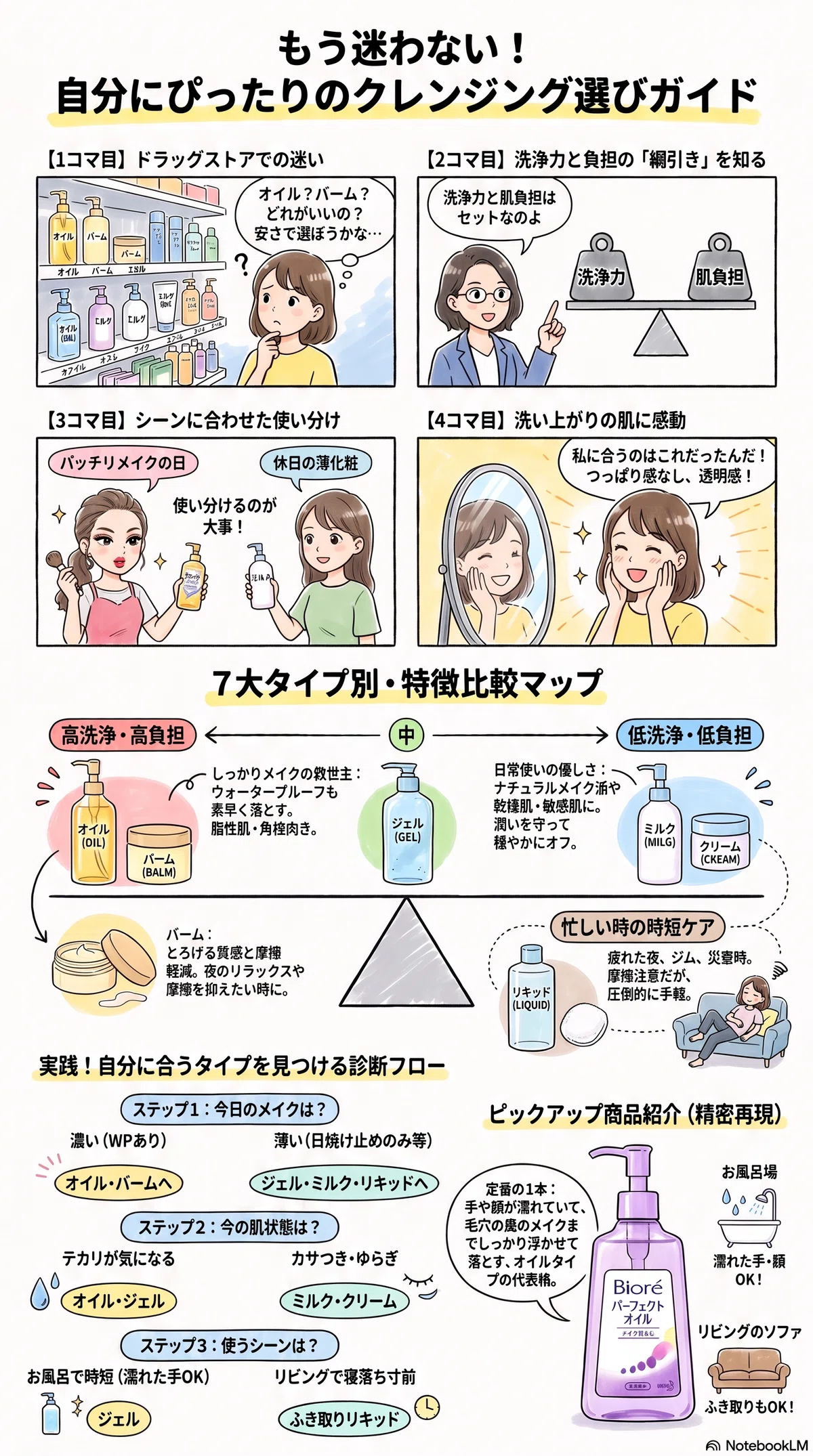クレンジングの種類の要点をまとめたインフォグラフィック