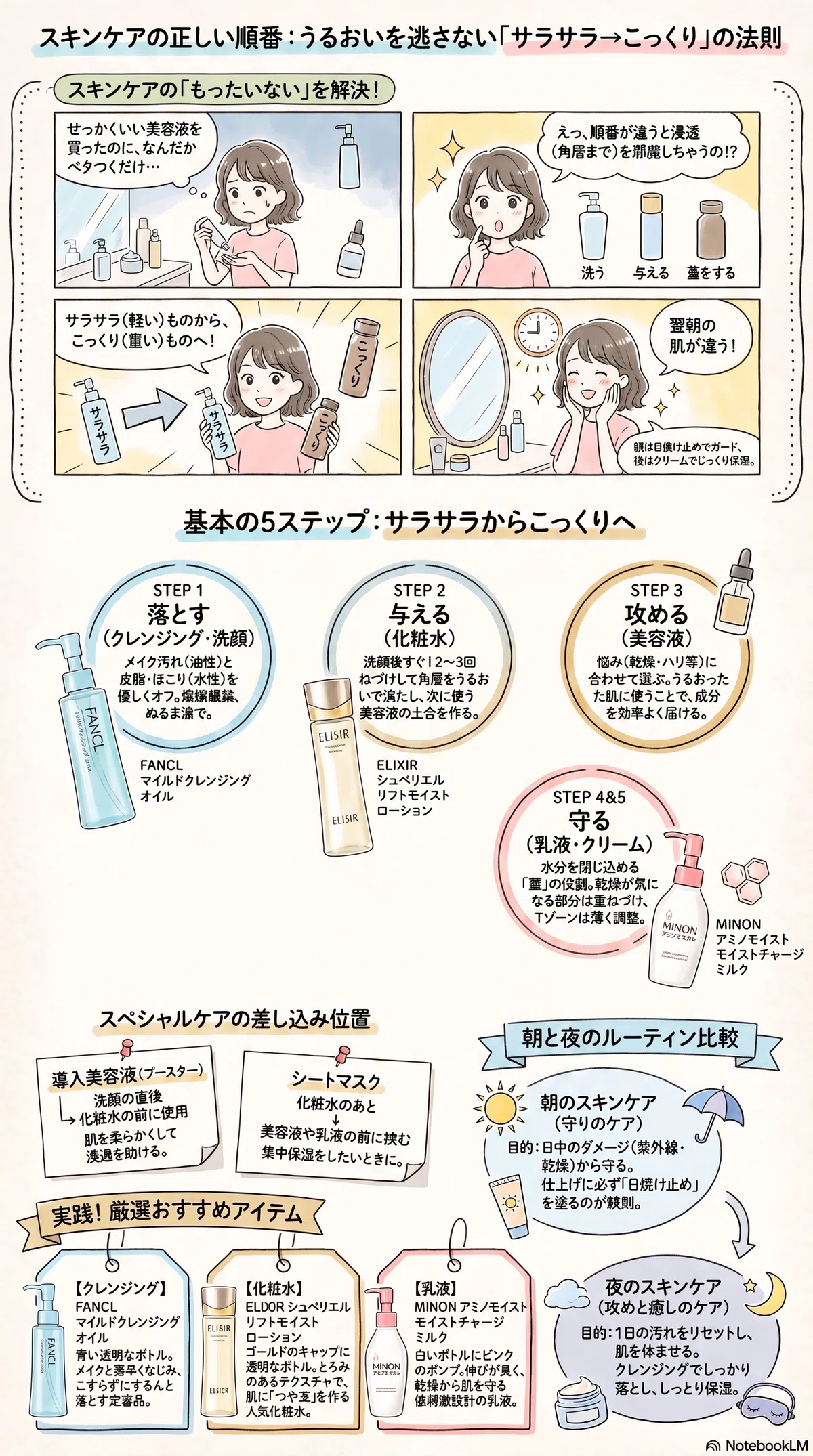 スキンケアの順番の要点をまとめたインフォグラフィック