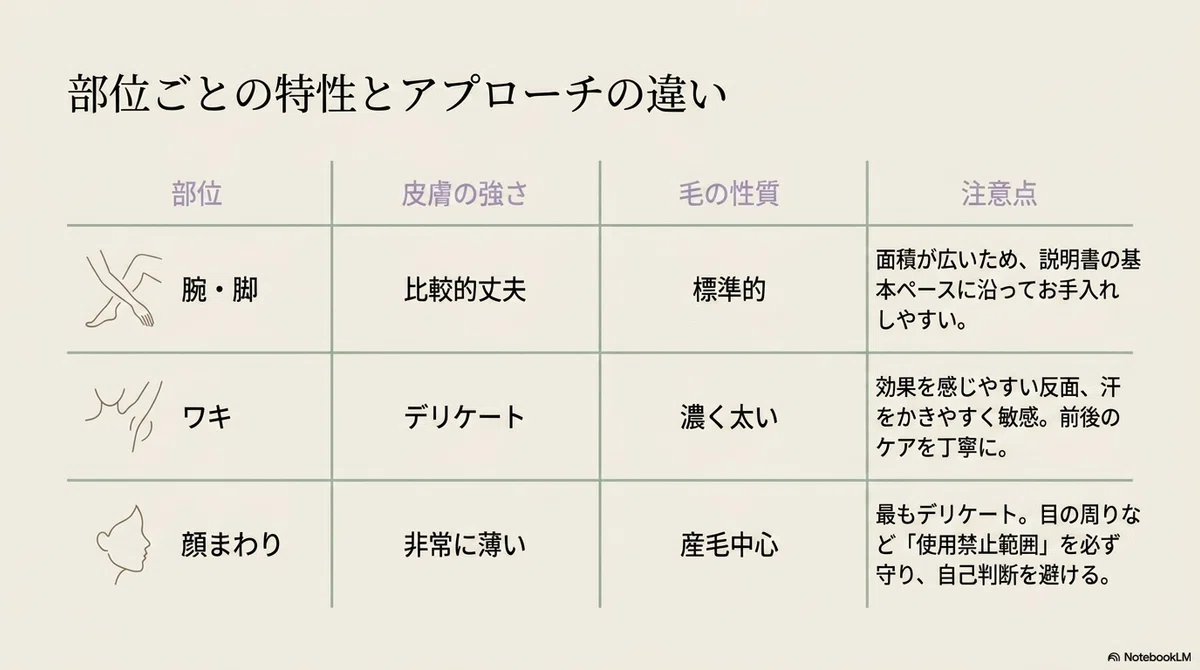 家庭用脱毛器の頻度:部位ごとに考えたい頻度のポイントの図解
