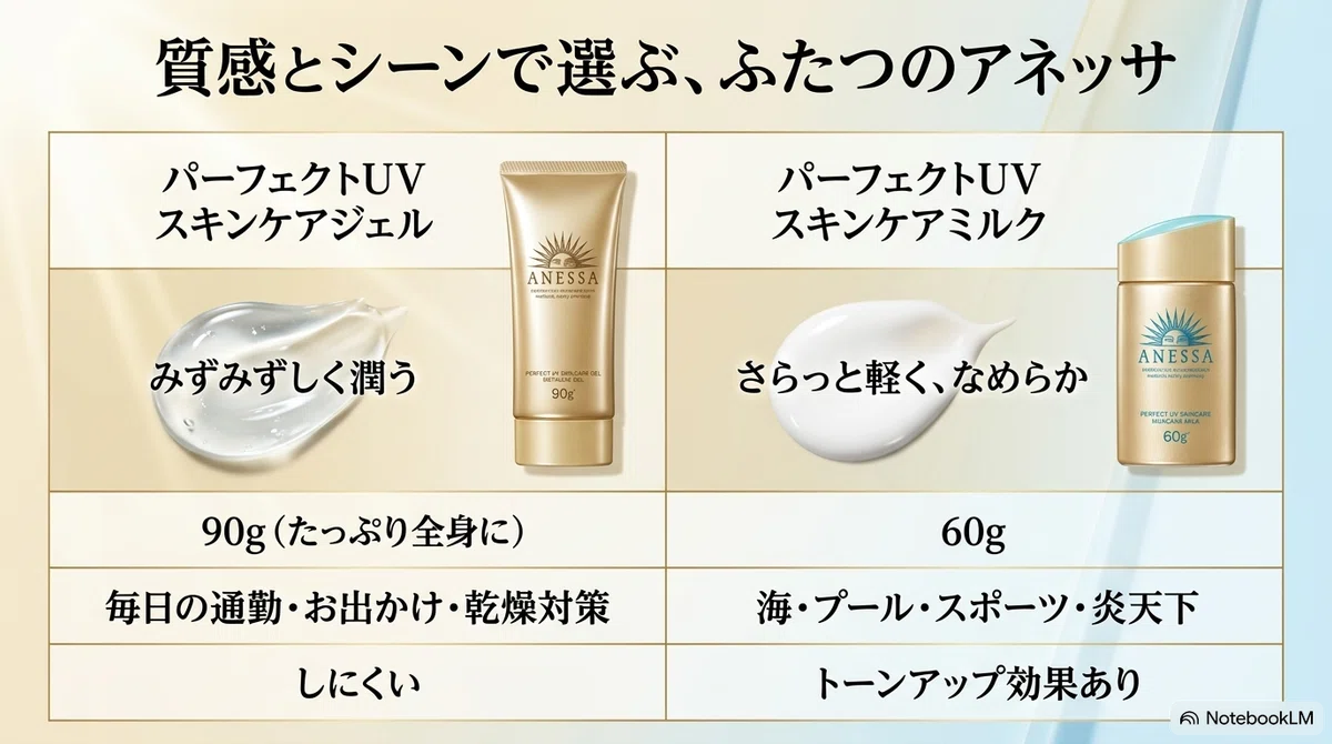 アネッサのミルク：CMで使われているのが「スキンケアジェル」の図解