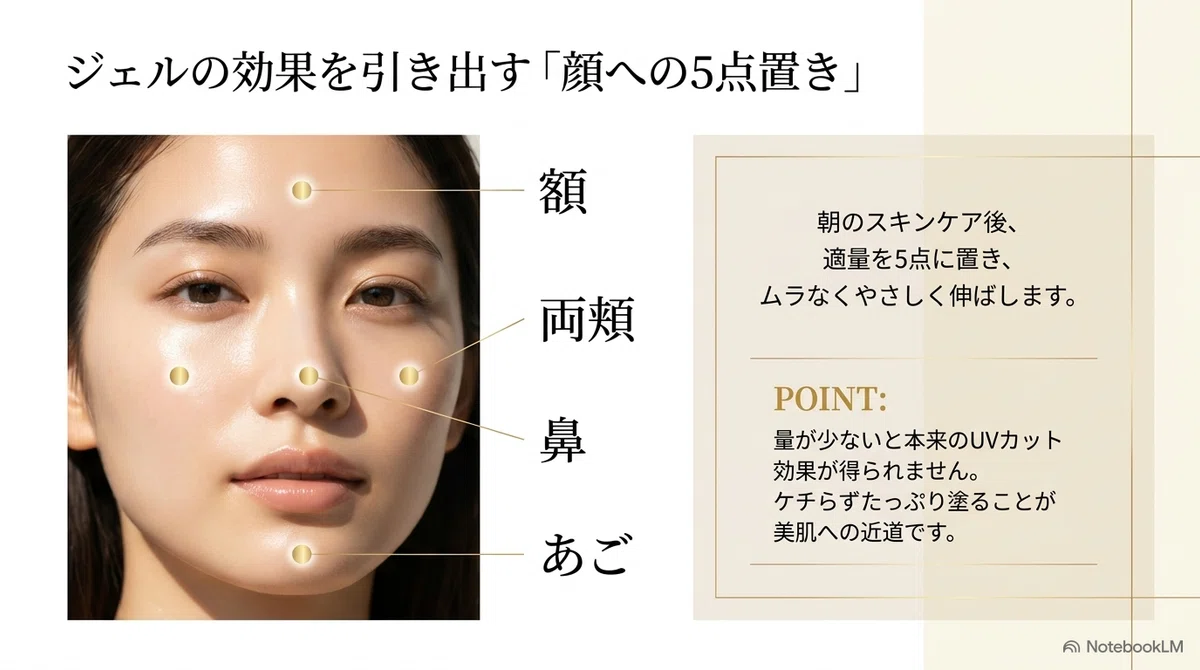 アネッサのミルク：スキンケアジェルの使い方の図解