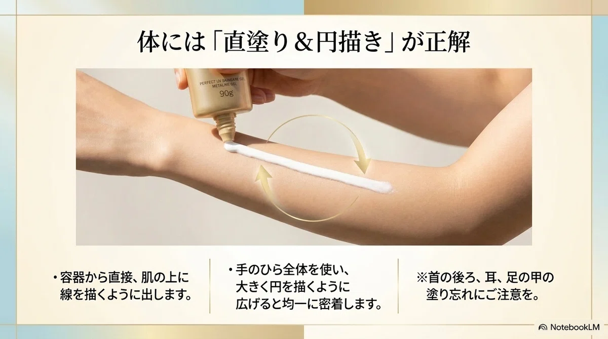 アネッサのミルク：体への塗り方の図解