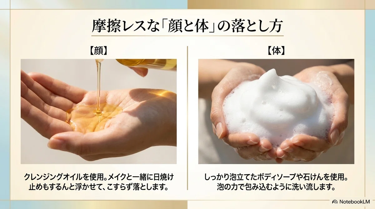 アネッサのミルク：アネッサの日焼け止めの落とし方の図解