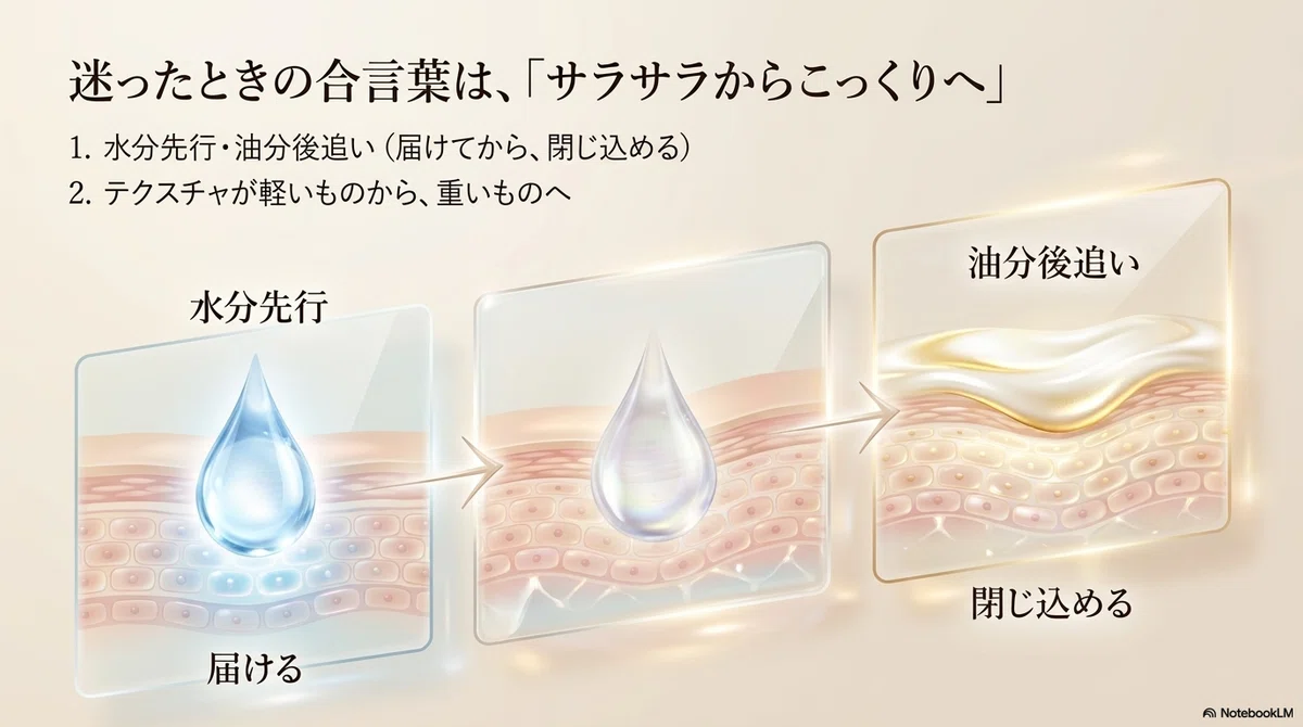 スキンケアの順番:スキンケアの基本ステップ全体像の図解