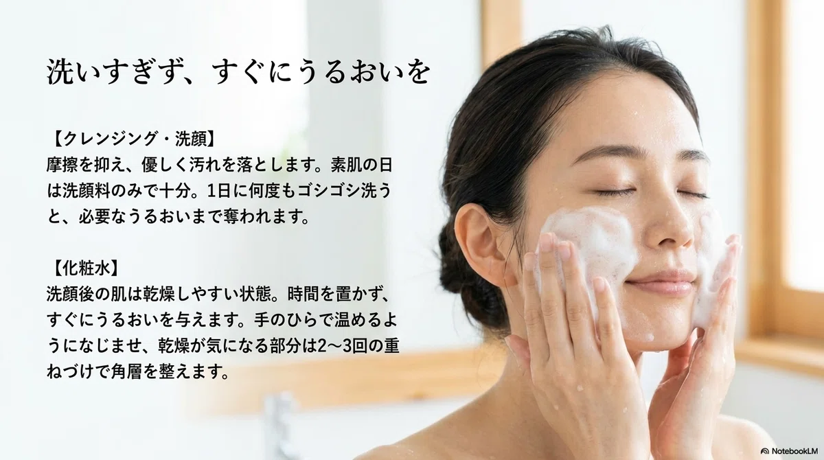 スキンケアの順番:化粧水でうるおいを与えるステップの図解