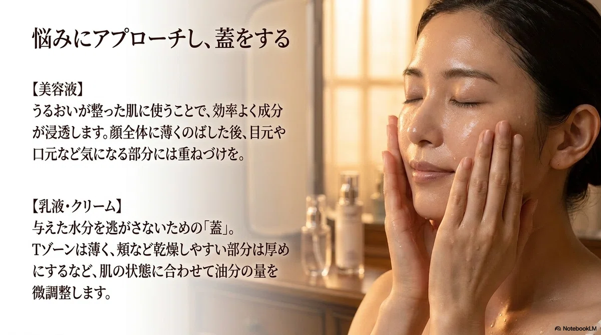 スキンケアの順番:乳液・クリームでうるおいを閉じ込める