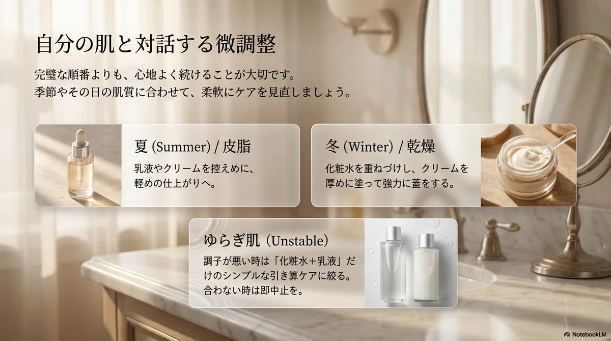 スキンケアの順番:肌質・季節で順番や量を微調整する
