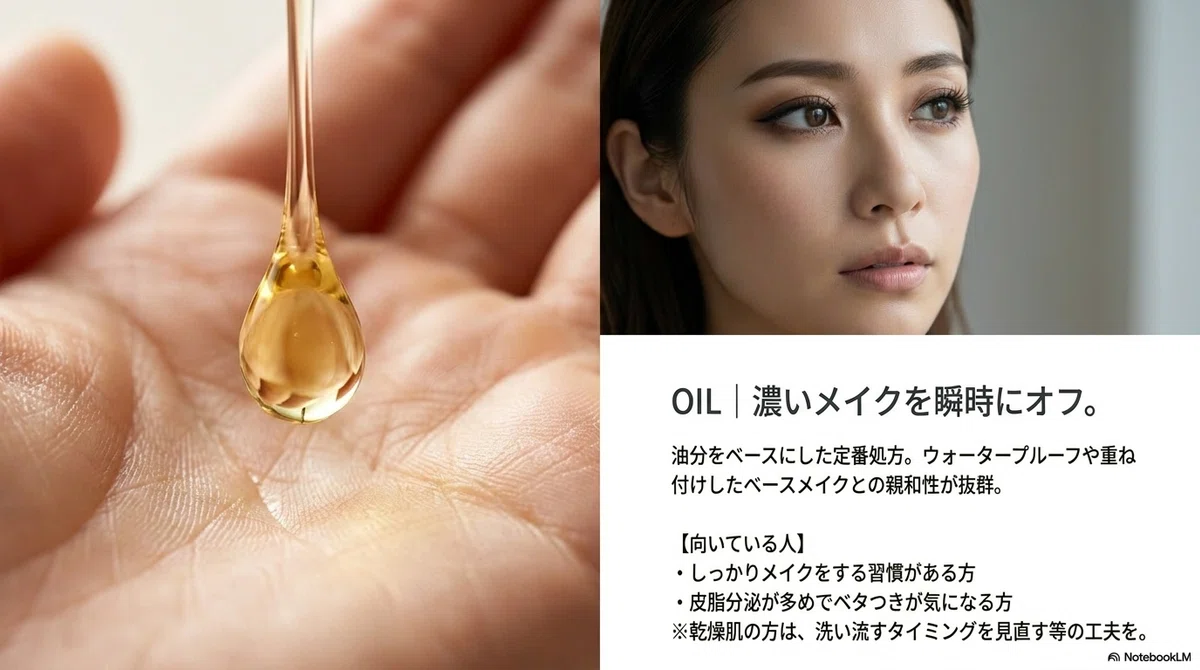クレンジングの種類：油分の量と質感の関係の図解