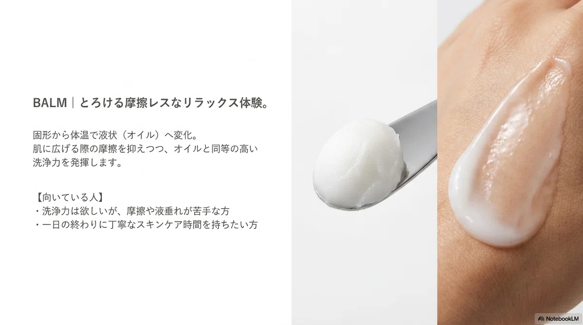 クレンジングの種類：バームクレンジングの成り立ちと特徴の図解